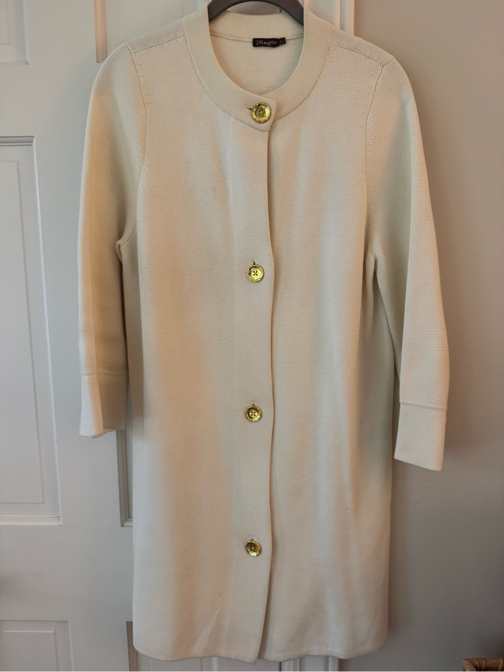 J. McLaughlin Ivory Cream Long Coatigan with Gold Buttons